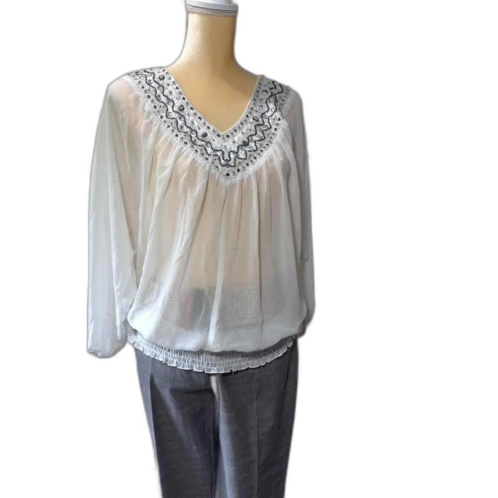 Studio Y‎ Sheer White Blouse Small V-Neck 3/4 Sleeve Boho Peasant Top